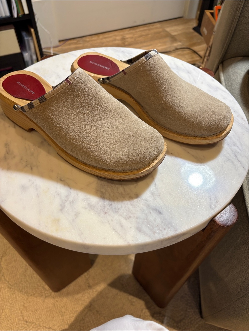 Burberry Tan Suede Mule Clogs with Signature Check Trim